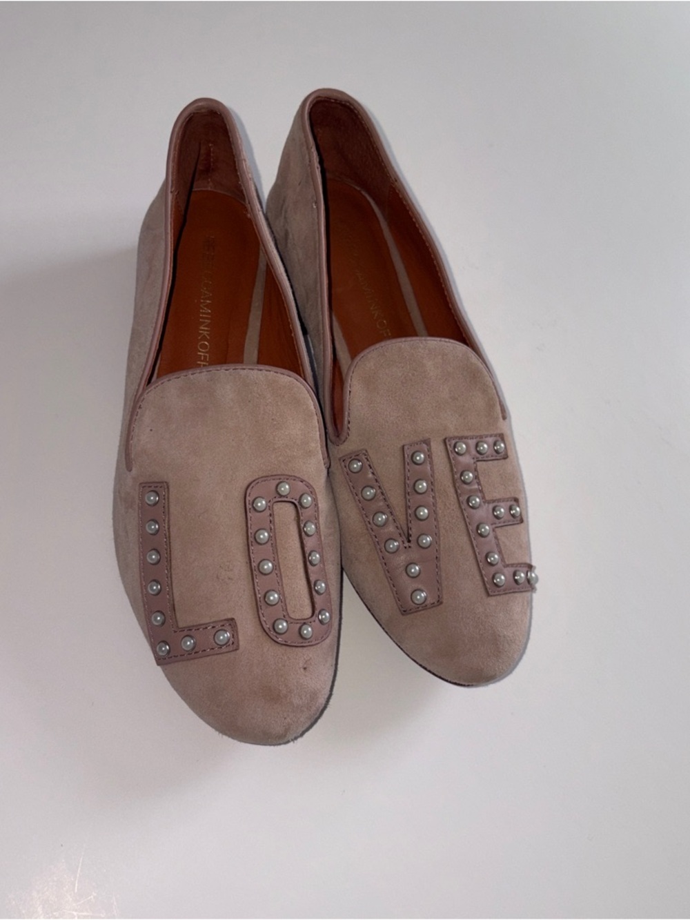 Rebecca Minkoff Blush Pink Suede Loafers Pearl Studded LOVE size 6.5